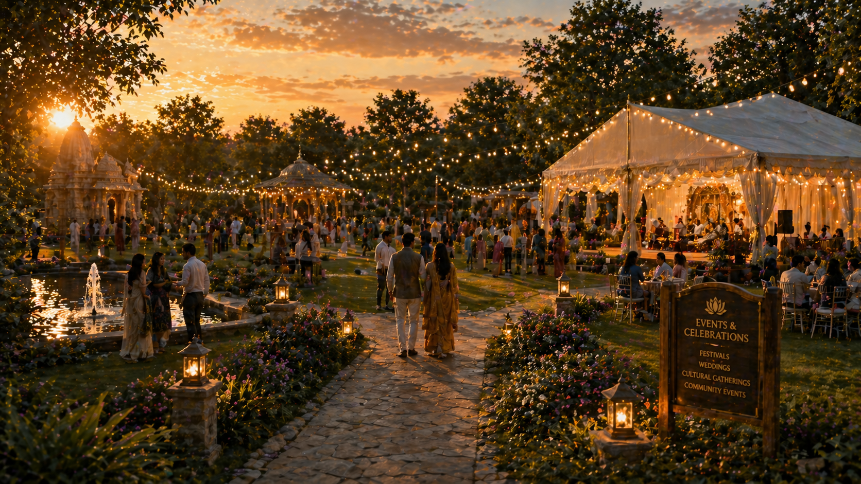 Evening cultural celebration with lanterns and marquees