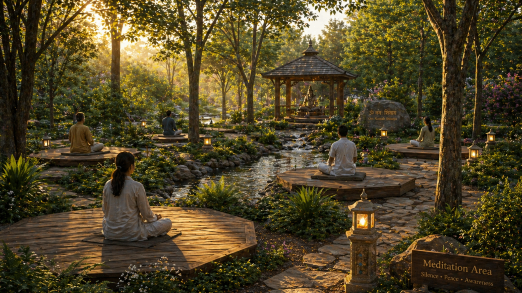 Outdoor meditation platforms beside a stream