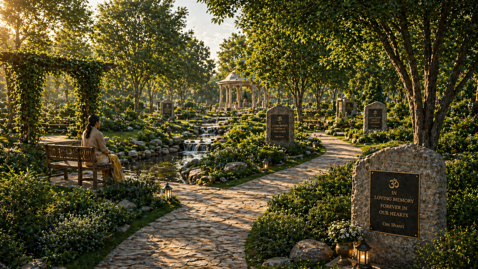 Quiet memorial bench beside a stream at golden hour