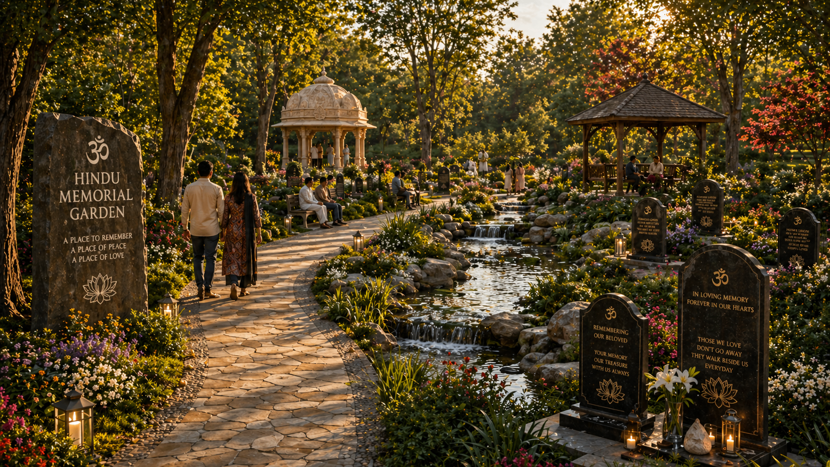 Hindu memorial garden with stream and remembrance stones