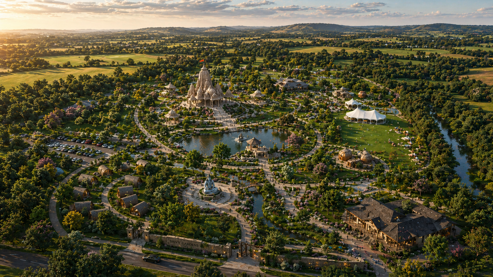 Aerial concept visualisation of Shiv Gardens — temple, gardens, lake and heritage trail set within the British countryside.